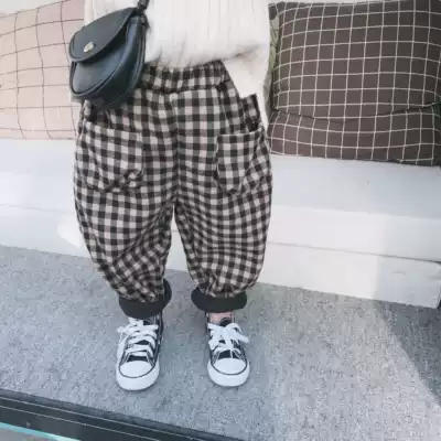 Thick winter cotton pants for boys and girls plus velvet Plaid big pocket children Rob pants Harlan trousers 180