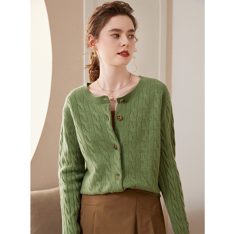 Laf Lr Same Style Pure Cashmere Cable Knit Cardigan for Women, Long-Sleeved Round Neck Sweater, Autumn and Winter Thickened Casual Coat