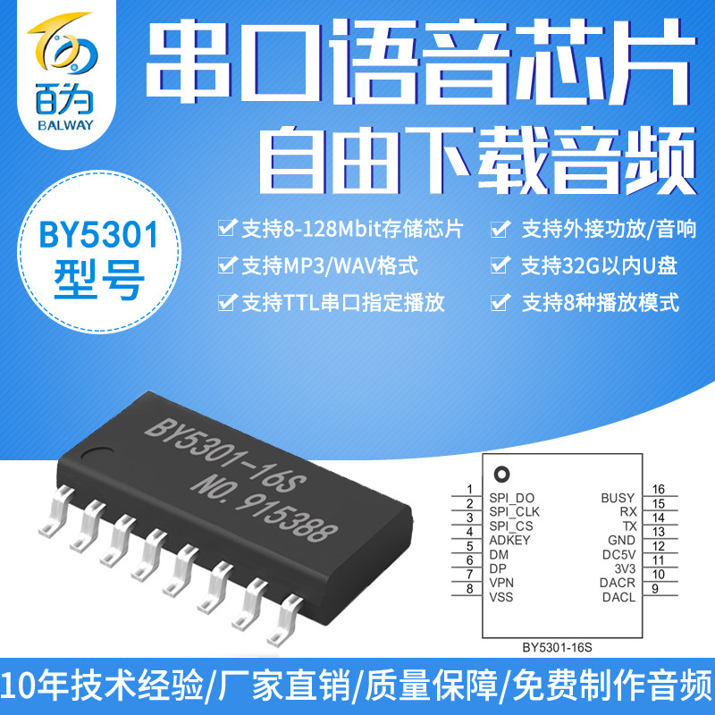 Serial voice IC audio player chip MP3 prompt broadcast analog U disk can change the sound BY5301-16S