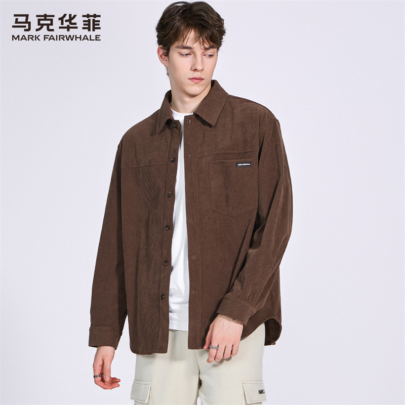 [コーデュロイ]マークフェアホエールラペル長袖シャツメンズ2025春新トレンド無地シルエットシャツ