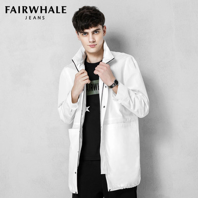 Mark Huafei trong phần dài của người đàn ông áo gió 2017 mùa xuân và mùa thu mô hình đơn giản màu trắng tinh khiết có thể tháo rời cap loose jacket Áo gió