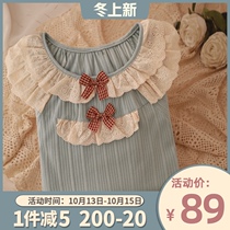 Soft milk blue gray Japanese sweet girl cotton pajamas spring and autumn womens long sleeve trousers retro home wear