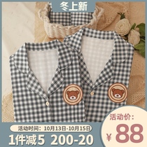 (Plaid control bear) Japanese cartoon couple pajamas spring and autumn womens long sleeve size mens home wear suit