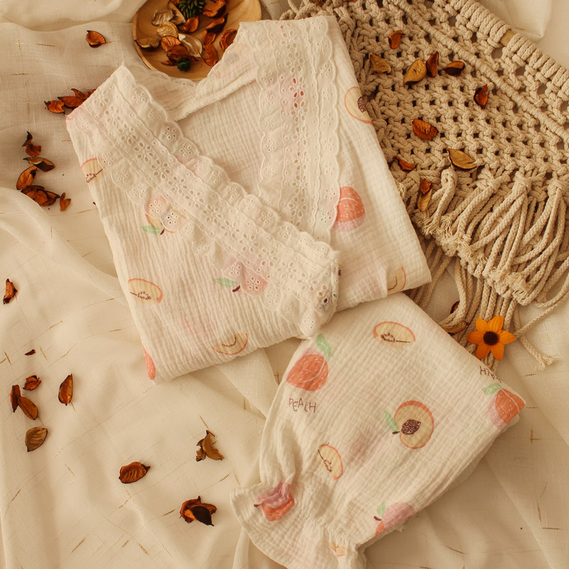 Japanese wind! Fresh peach kimono kimono pure cotton pajamas women spring and autumn gauze pajamas pajamas home clothes women's suits