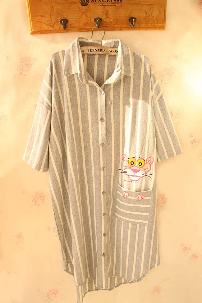 Yêu vỡ òa! Nhật Bản rộng kích thước lớn ngắn tay áo ngủ nữ mùa hè cotton dài áo len sọc áo ngủ cotton đầm ngủ dễ thương