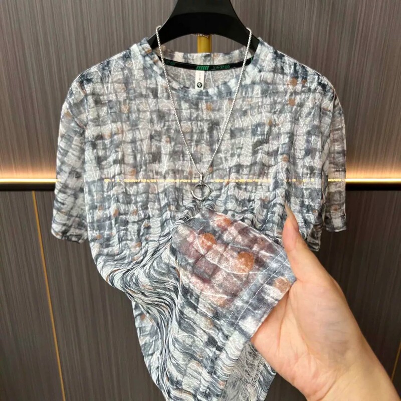 Rui Chi Men's Clothing High-End Light Luxury Hollow Mesh Short-Sleeve Men's Loose Breathable Mesh T-Shirt Top Rui Chi Men's Clothing High-End Light Luxury Hollow Mesh Short-Sleeve Men's Loose Breathable Mesh T-Shirt Top
