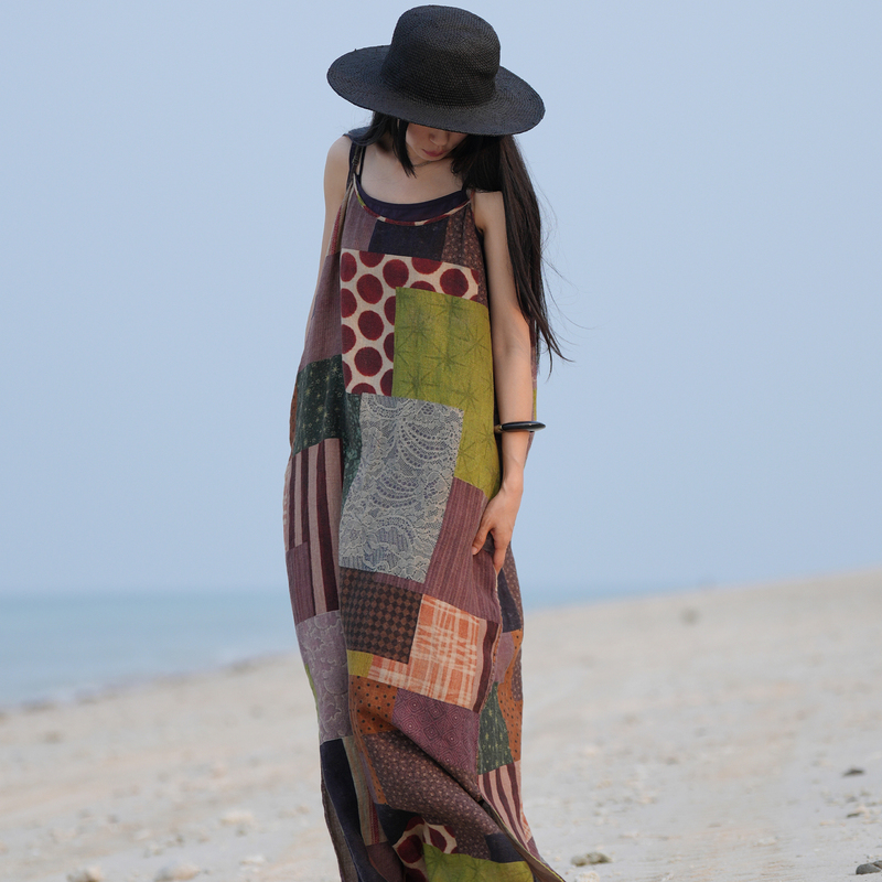 Ji Jian Original Design Summer 100% Linen Camisole Long Dress Vintage Style Print Multi-Color Long Camisole W6C801
