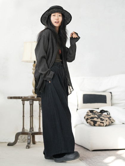 几见 原创设计春夏苎麻长袖衬衫T透气上衣圆领衬衣宽松复古W51718