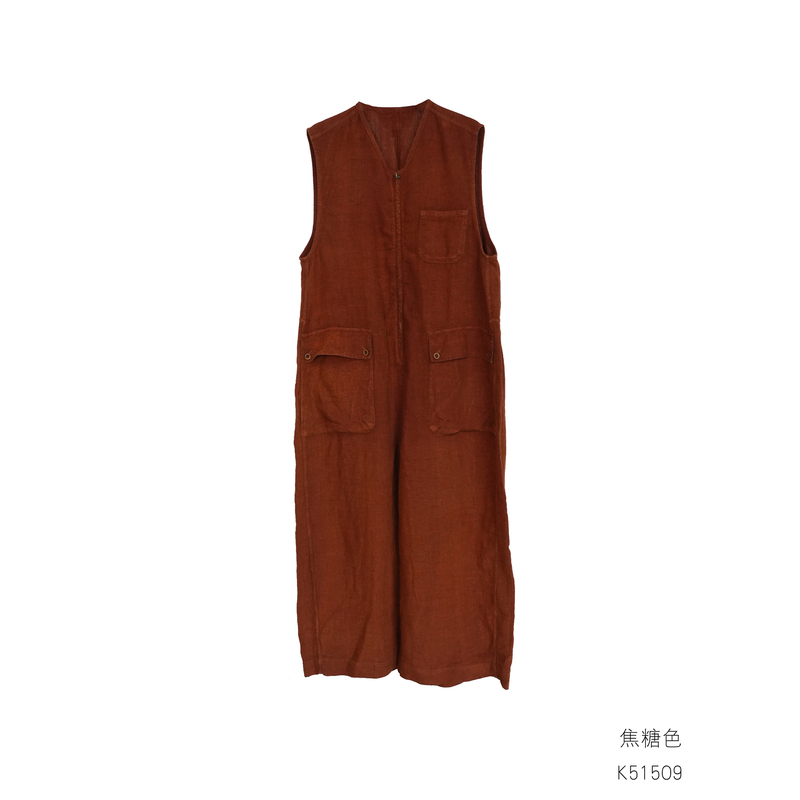 Ji Jian Original Design Linen Tencel Jumpsuit Sleeveless Overalls Workwear Vintage Intellectual K51509