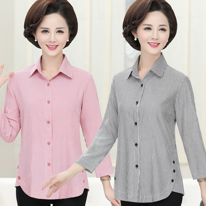 Áo sơ mi nữ mùa xuân và mùa thu sọc cao hàng đầu phong cách phương Tây mới mẹ mùa xuân áo khoác cotton dài tay - Cộng với kích thước quần áo