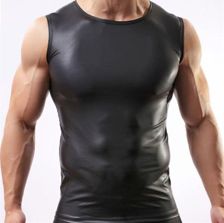 Clearance Sale Men's Leather Vest Black Pu Fitness Sports Summer Thin Sexy Tight Sweat Vest Nightclub Sleeveless