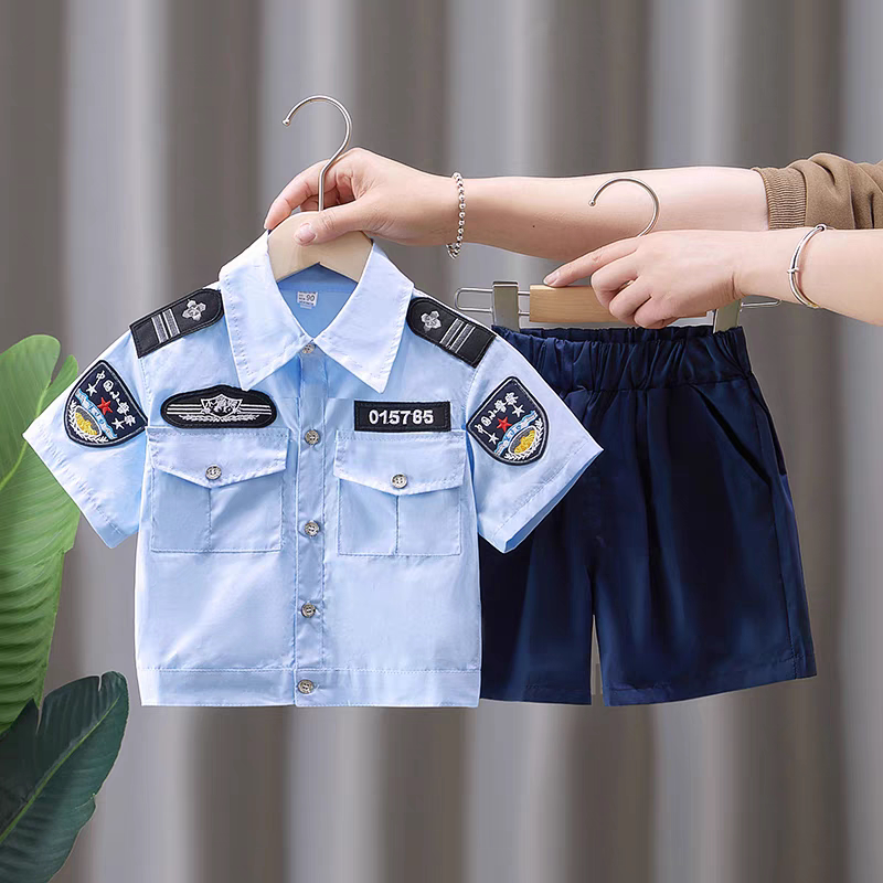 Hong Kong Bakuxia Boys' Pure Cotton Suit Summer Children's Role-Playing Police Officer Shirt and Shorts Performance Costume Hong Kong Bakuxia Boys' Pure Cotton Suit Summer Children's Role-Playing Police Officer Shirt and Shorts Performance Costume