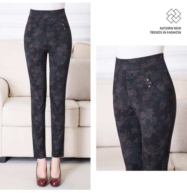 Quần legging kẻ sọc mùa thu và mùa đông mặc quần nữ trung niên cộng với nhung dày co giãn cao eo cao chân mẹ quần dài nữ hàn quốc