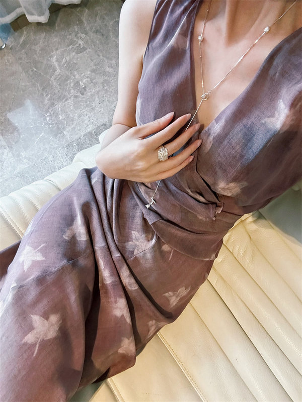 Btbstudio Purple Dyed Jasmine Print Silk Crepe Mid-Length Wrap Dress