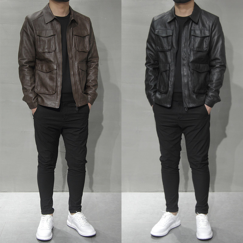 2022 autumn new leather jacket men's multi-pocket top coat Korean version slim casual lapel PU motorcycle leather jacket