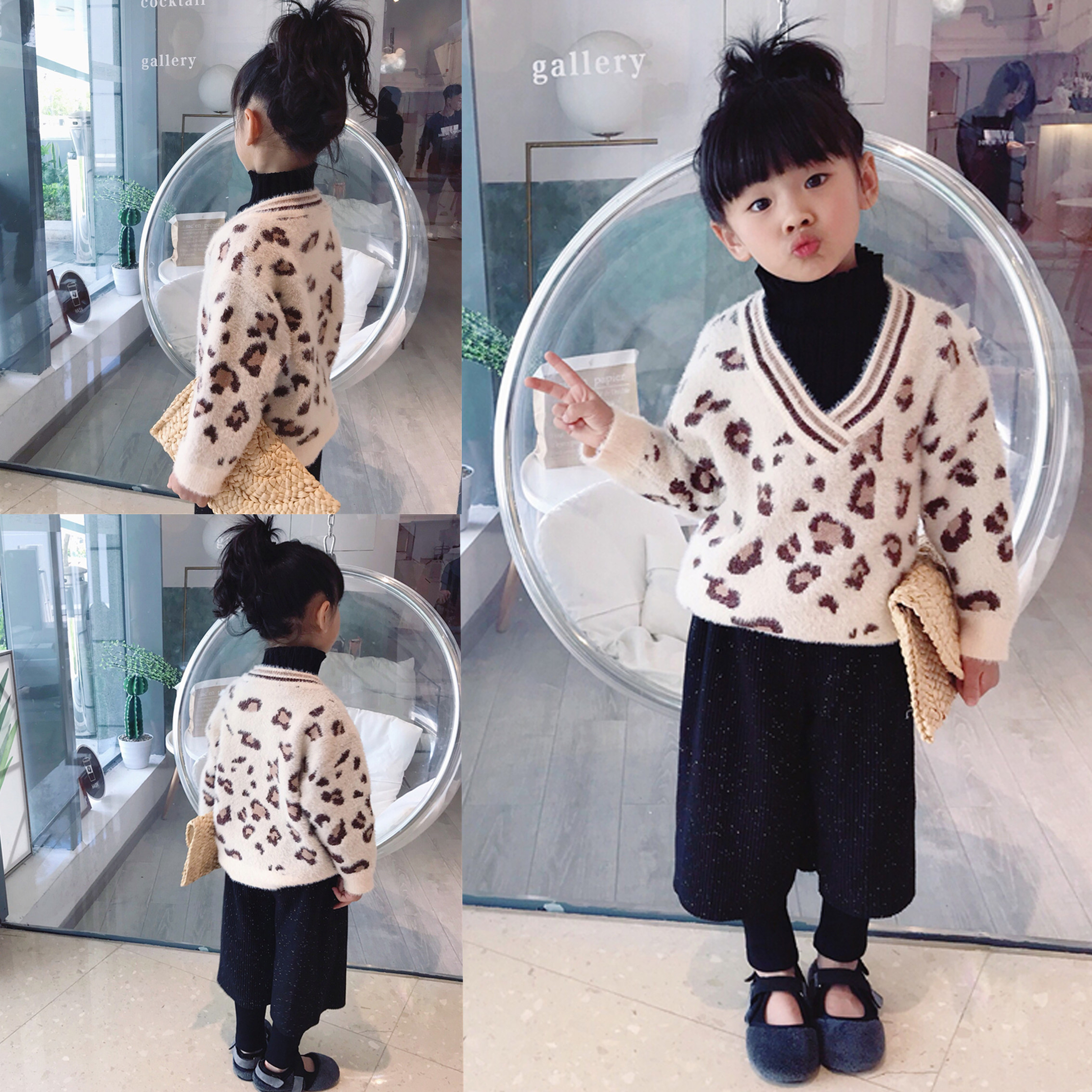 Girls turtleneck sweater Winter Korean children's baby Western style BAO WENV collar top fake two pieces of mink knitted sweater