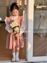 South Korean version 2024 spring girl baby foreign air crushed flower long sleeve shirt child sweet princess braces one-piece dress