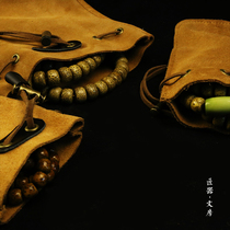 Cowhide storage bag Handmade rope mouth text play bag Text play hand string Walnut portable storage collection dust plate play bag