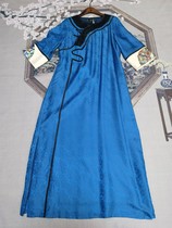 Original ethnic style womens Su embroidery hand embroidery Lotus double-sided Chinese style retro silk dark flower blue dress