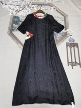 Original ethnic style womens Su embroidery hand embroidery flower Chinese style retro black silk dark flower dress