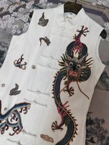 Original new national style womens clothing retro handmade old embroidery flying dragon in the sky Chinese style white long vest