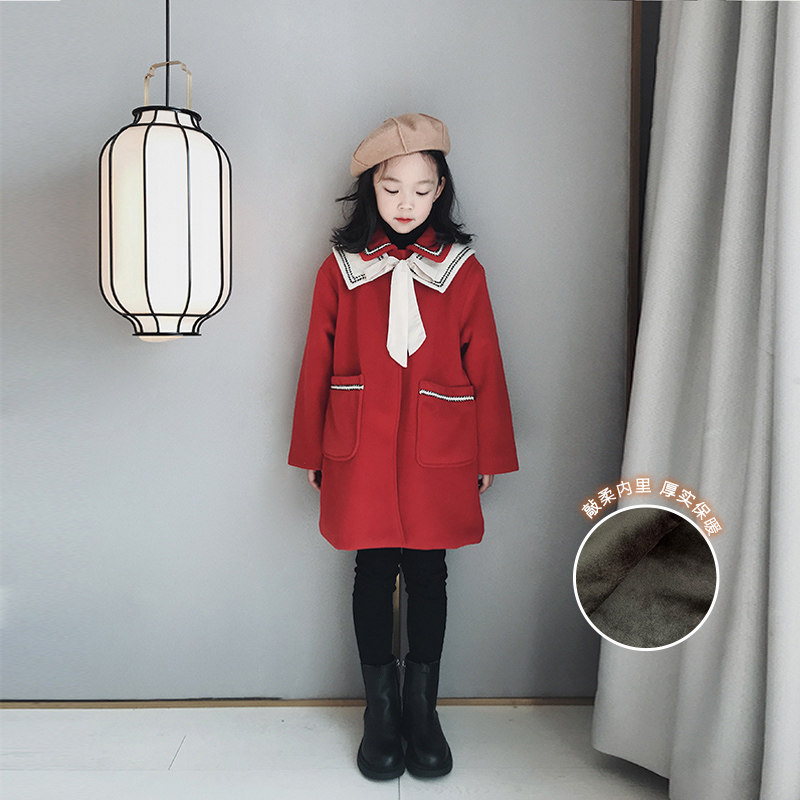 Ai Shangduo Girls' Red Wool Coat 2021 Winter Clothes New Middle and Big Children's Western-style Plush Thick Christmas Coat