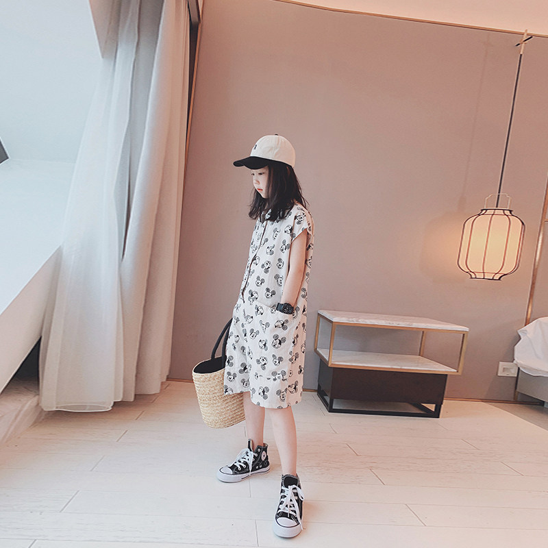 Girls jumpsuits 2022 summer clothes new medium and large children's cartoon loose thin section short-sleeved children's five-point five-point pants