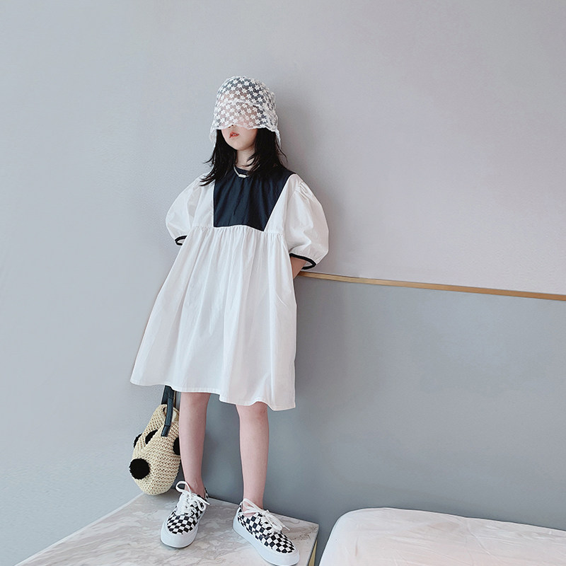 Ai Shangduo girls' dress 2022 summer dress new middle-aged children's Korean version contrast color retro short-sleeved thin A-line skirt