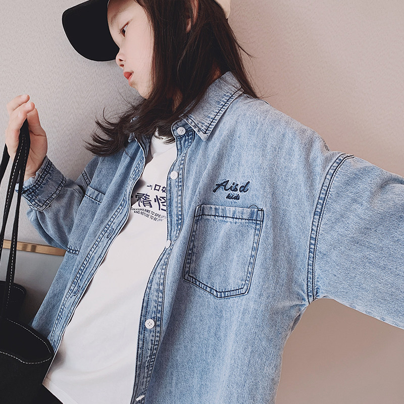 Girl Denim Shirt 2022 Spring Dress New CUHK Child Foreign Pie Loose Retro Children Long Sleeve Shirt Blouse
