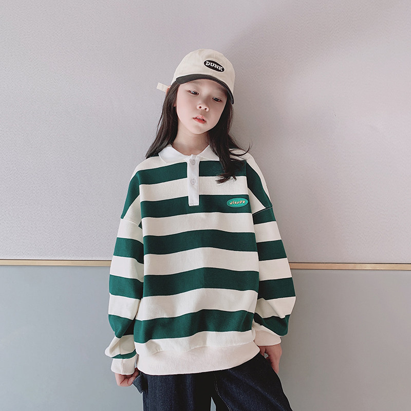Ai Upper girl's thick T-shirt 2022 Spring loaded with new CUHK Comeback Ancient Loose Striped Polo Shirt Children Blouses