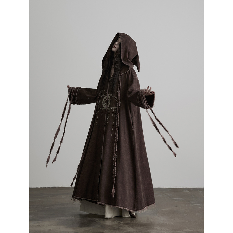 Indulge's Heavy-Duty Washed Red-Brown Quilted Embroidered Long Hooded Coat Trench Coat