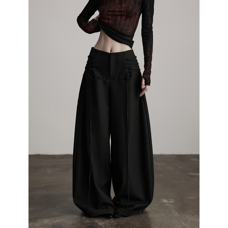 Indulge Zero Point Style · Suit Fabric Side Silhouette Tie-Up Scimitar Wide-Leg Casual Black Long Pants for Women Indulge Zero Point Style · Suit Fabric Side Silhouette Tie-Up Scimitar Wide-Leg Casual Black Long Pants for Women