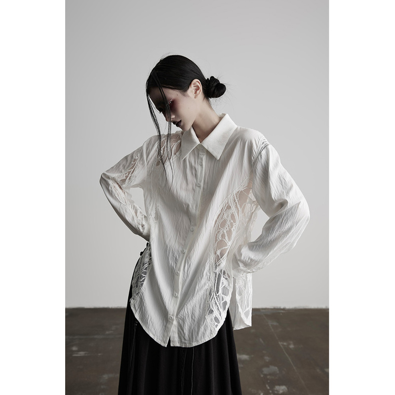 Indulge White Collared Shirt with Cut-Out Slit, Long Sleeves with Texture, Women's Spring and Autumn Design Shirt Indulge White Collared Shirt with Cut-Out Slit, Long Sleeves with Texture, Women's Spring and Autumn Design Shirt