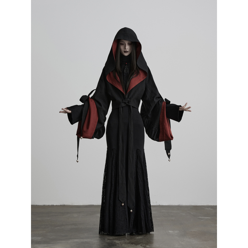 Indulge Apostle Lyocell Linen Black and Red Two-Tone Reversible Hooded Loose Ribbon Jacket for Women