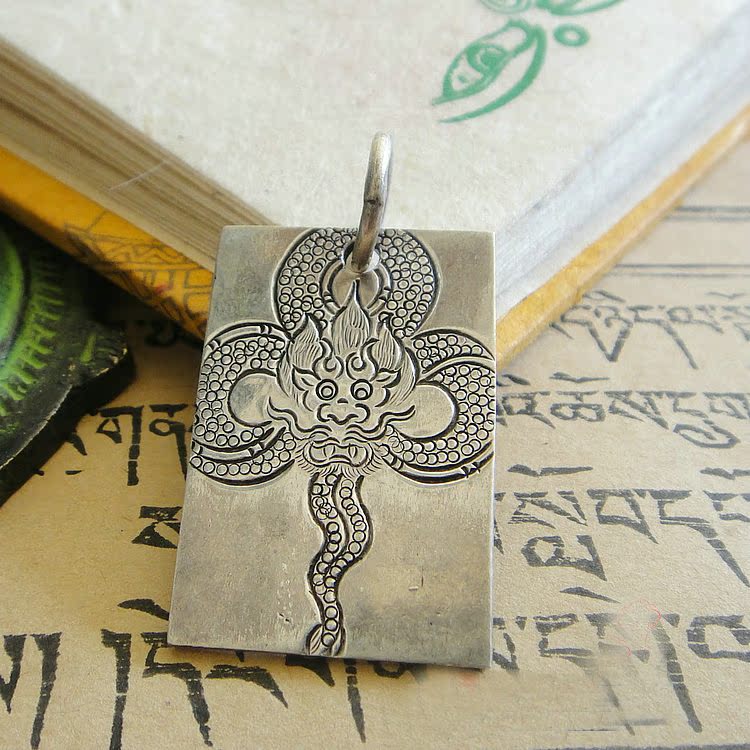 Tibetan seven treasures India Nepal Tibet silver 925 sterling silver dragon tag pendant