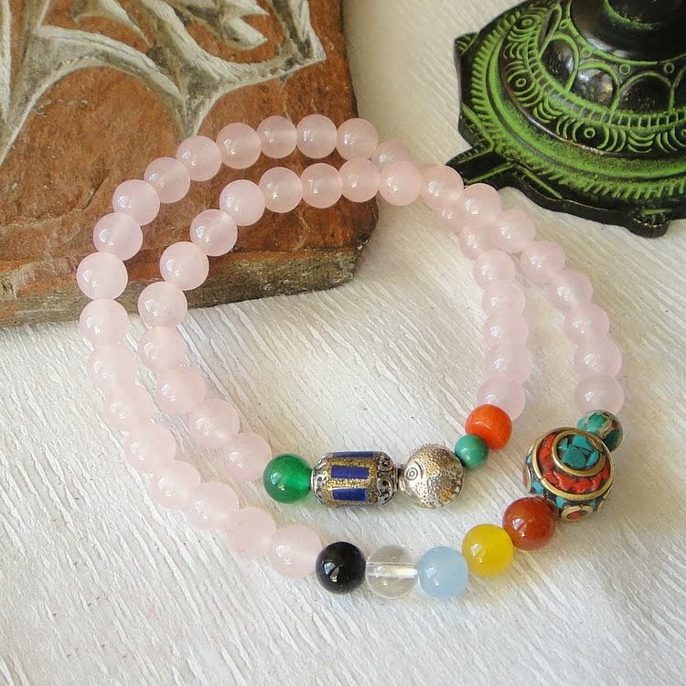 Tibetan Biography Seven Treasure Tibet Original Handmade Powder Crystal Powder Jade Medullary five rows of pure silver small fish bracelet