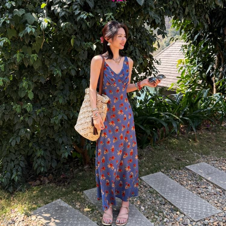 [Dreamland] Southern French Floral Dress, Retro V-Neck Sleeveless Slimming Waist-Cinching Tank Dress