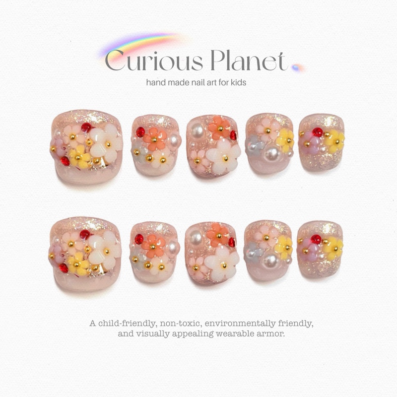 Children's Manicure with Cute 3D Flowers, Wearable Nails, Pearl Manicure, Nail Stickers, Handmade Nails for Kidsren and Girls