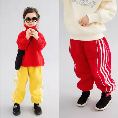 Pear small leisure Winter girl plus velvet thick school pants sports leisure cotton pants children's pants 2 color E84K1675