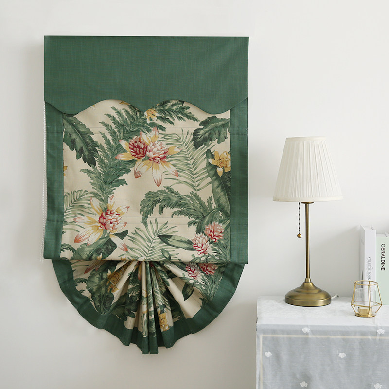 Mila flower American pastoral retro cotton and linen fan-shaped high-grade custom Roman curtain louver lifting curtain Green rattan fabric