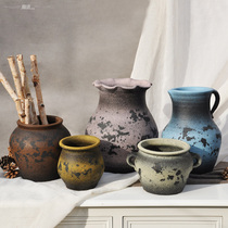 Traces of coarse pottery vase made old vintage earth pottery pot inserted dried flower vase Large jar Green plant flower pot handmade