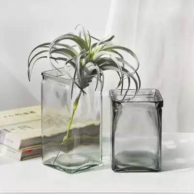Square crystal glass vase Transparent flower arrangement Lily Fugui bamboo simulation flower hydroponic dish living room decoration ornaments
