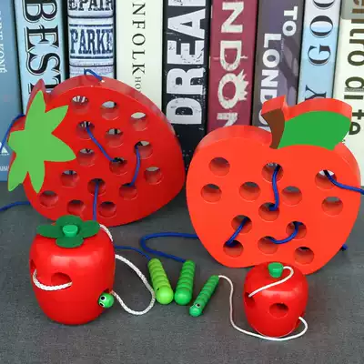 Bugs eat fruit Baby wooden threading toy Educational children's hand-eye coordination Montessori early education insects eat pears