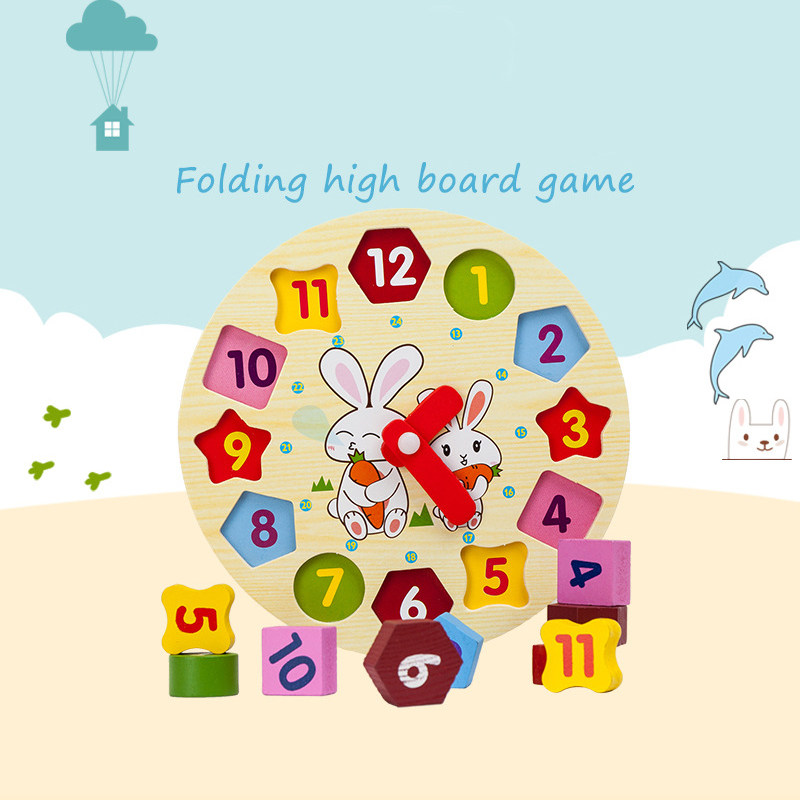 Wooden Shape Clock Small Rabbit Children Puzzle Early Education Toys 1-12 Color digital building blocks pairing 2-6 years old