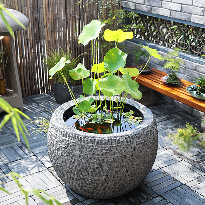 Courtyard Garden Pendulum piece View Fish type Flowers Artificial Stone Round Vat Imitation Ancient Round Large Water Cylinder Outdoor Decorated Fish Pond