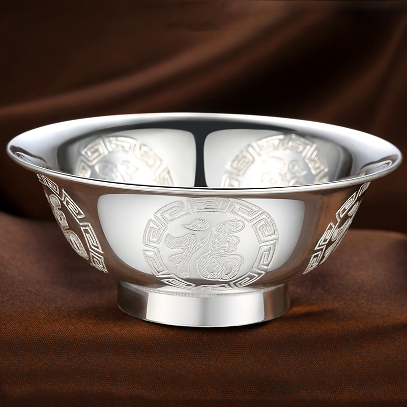 Single-layer silver bowl 999 sterling silver tableware Longfeng Wufu optional edible silver bowl snowflake silver tableware