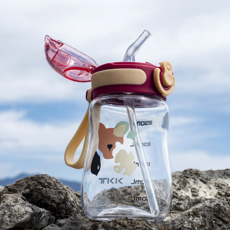 TKK Plastic Water Glass Mesh Red Child Silicone Straw Cup Learn Drinking Cup Portable Cute Little Fresh Tritan Water Glass