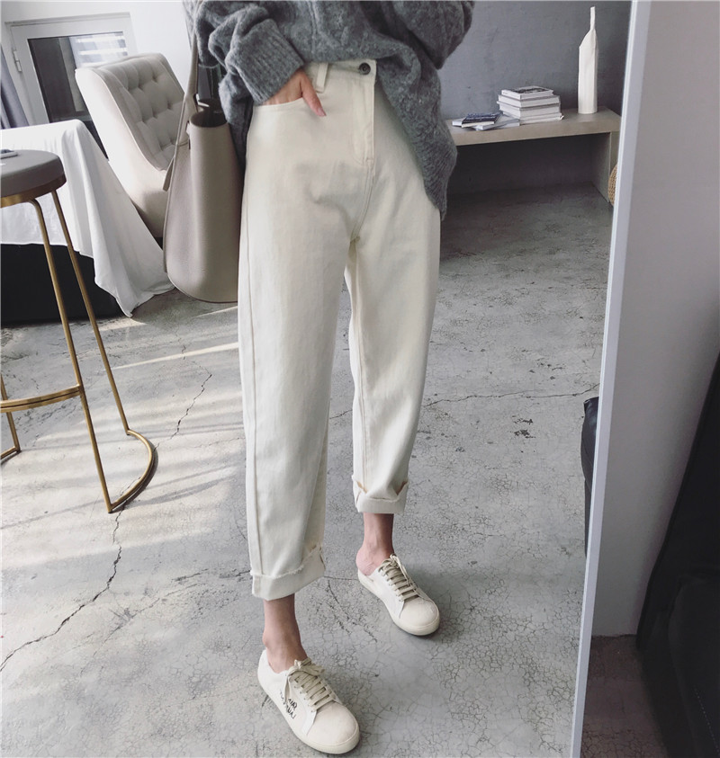 Justq mùa thu mới BF Hong Kong hương vị eo cao đã mỏng chín điểm quần jeans nữ sinh Harlan thẳng quần nữ đồ nữ đẹp