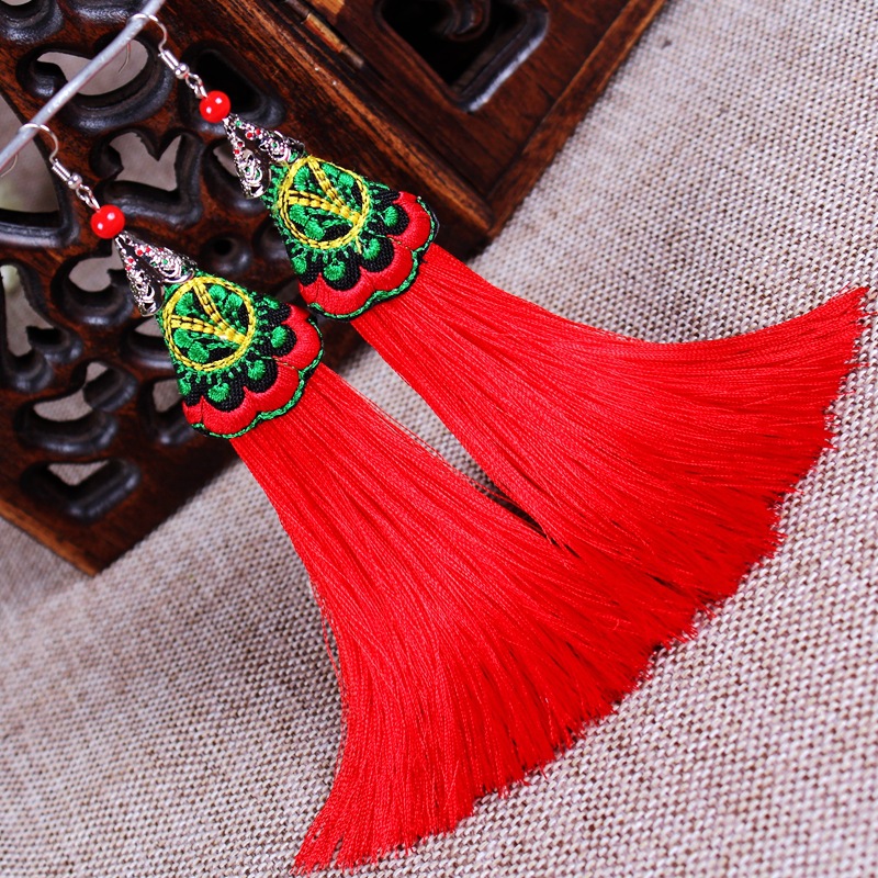 Yunnan ethnic style tribal colorful flower embroidery tassel earrings Chinese style earrings stage performance travel cheongsam accessories