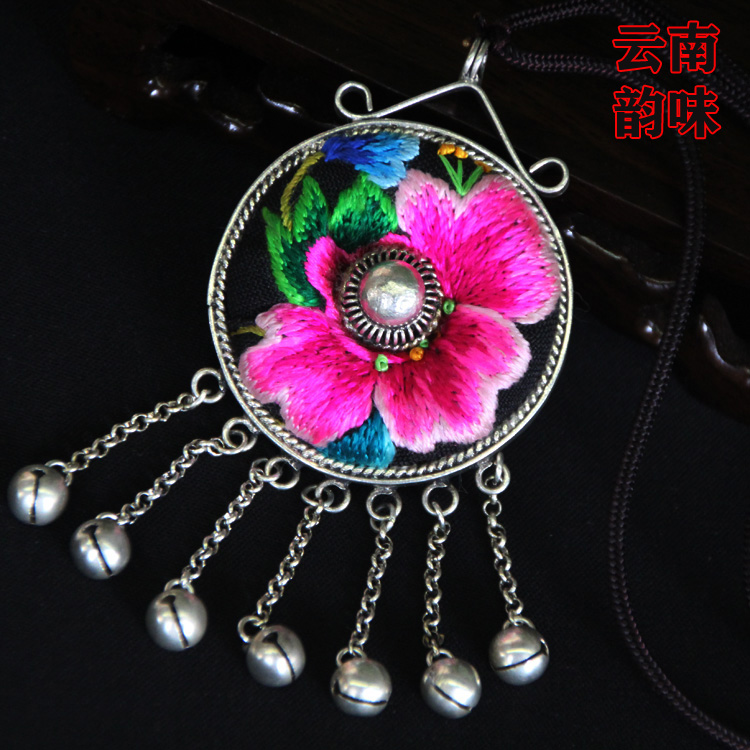 Yunnan original design hand - made silver embroidery necklace retro - personality pendant - national wind embroidered sweater chain